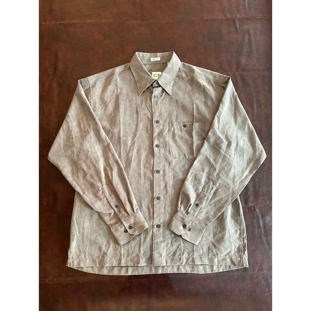 Geoffrey Beene Mens Micro Suede Button Down Shirt Taupe Gray Large L Long Sleeve